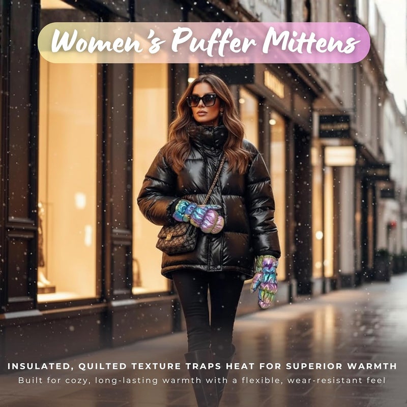 Funky Junque Women's Fleece Lined Puffer Mittens Gloves, Cold Weather Accessory for Ice Skating, Shiny Metallic Knit Cuff - Image 4